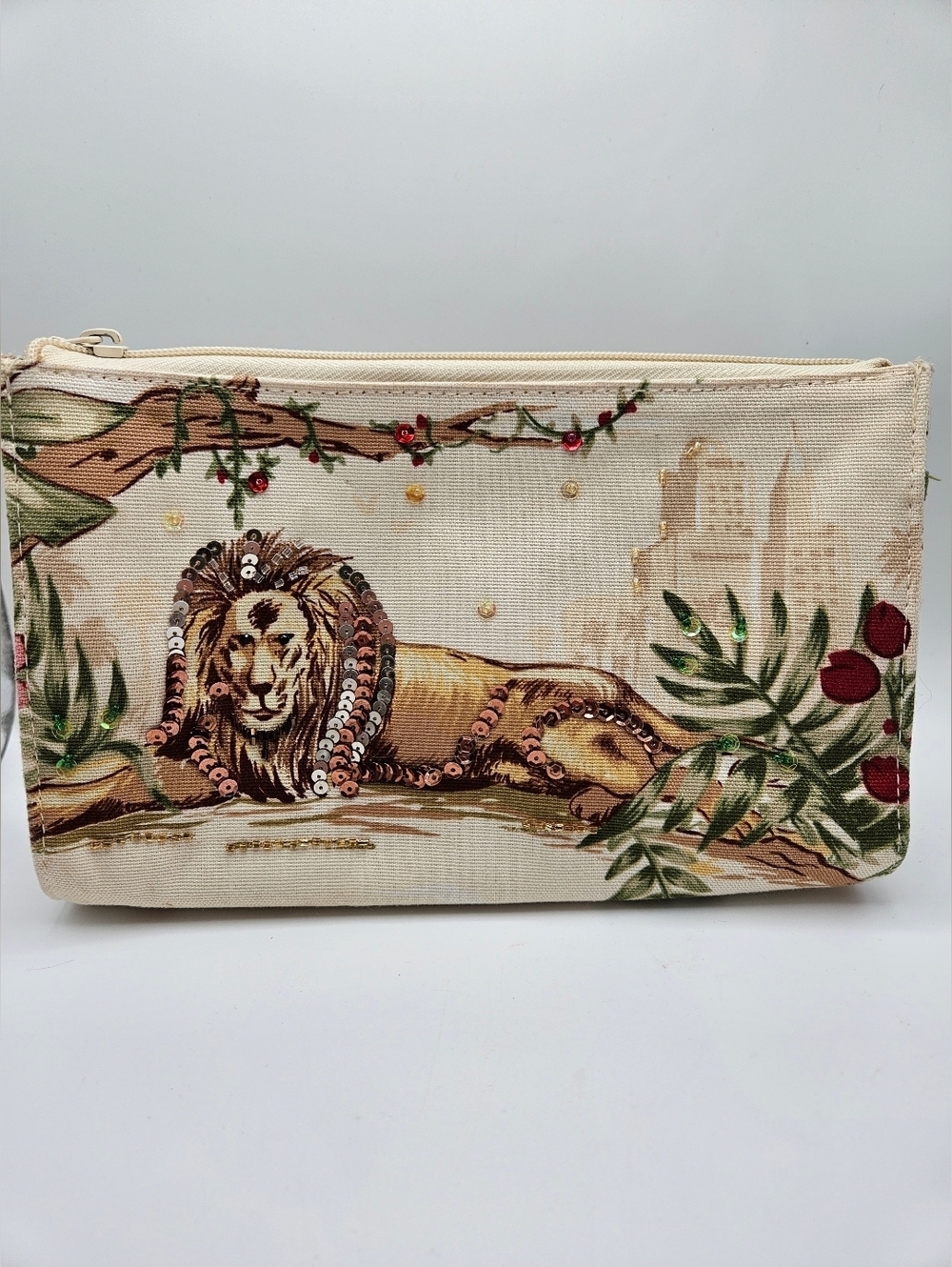 Jungle Theme Lion Bird Sequin Detail Zipper Close Cosmetic Travel Bag